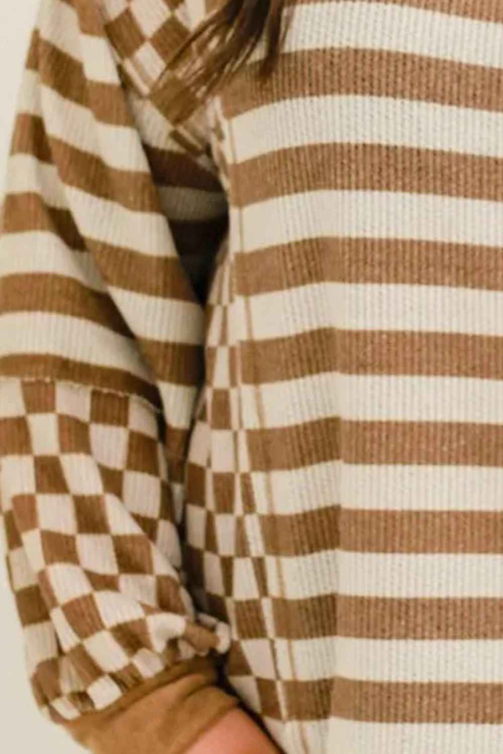 Plus Size Stripes & Checker Round Neck Long Sleeve Top - Damned Threads